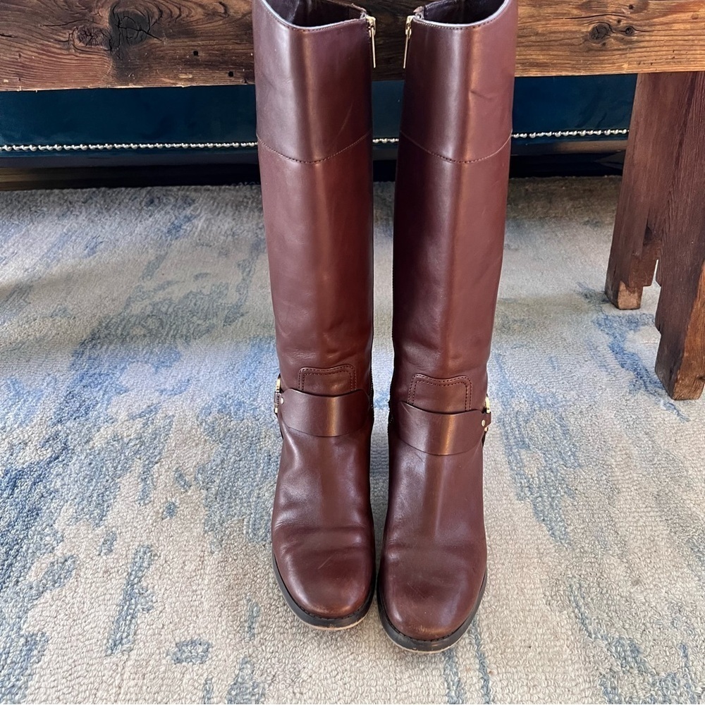 MICHAEL KORS FULTON HARNESS GOLD MK LOGO MOCHA BROWN TALL RIDING BOOTS SIZE 8 - Picture 4 of 12